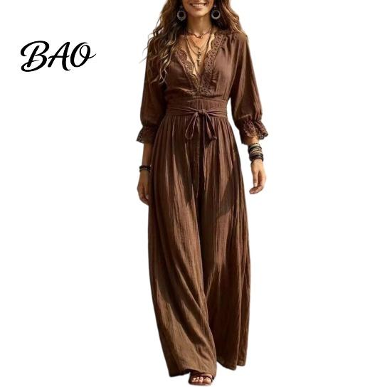 Daily Wear Lace Dress Women V-Neck for Fall, 3/4 Sleeves Maxi with Solid Color Belt, Loose Casual Long Vacation Three Quarter Sleeve