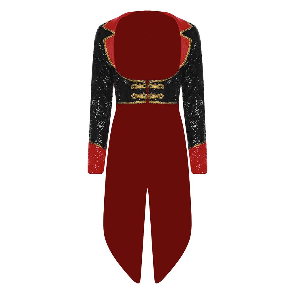 Women Adult Ringmaster Circus Costume Shiny Sequins Gold Webbing Trim Turn Down Collar Long Sleeve Buttons Tailcoat