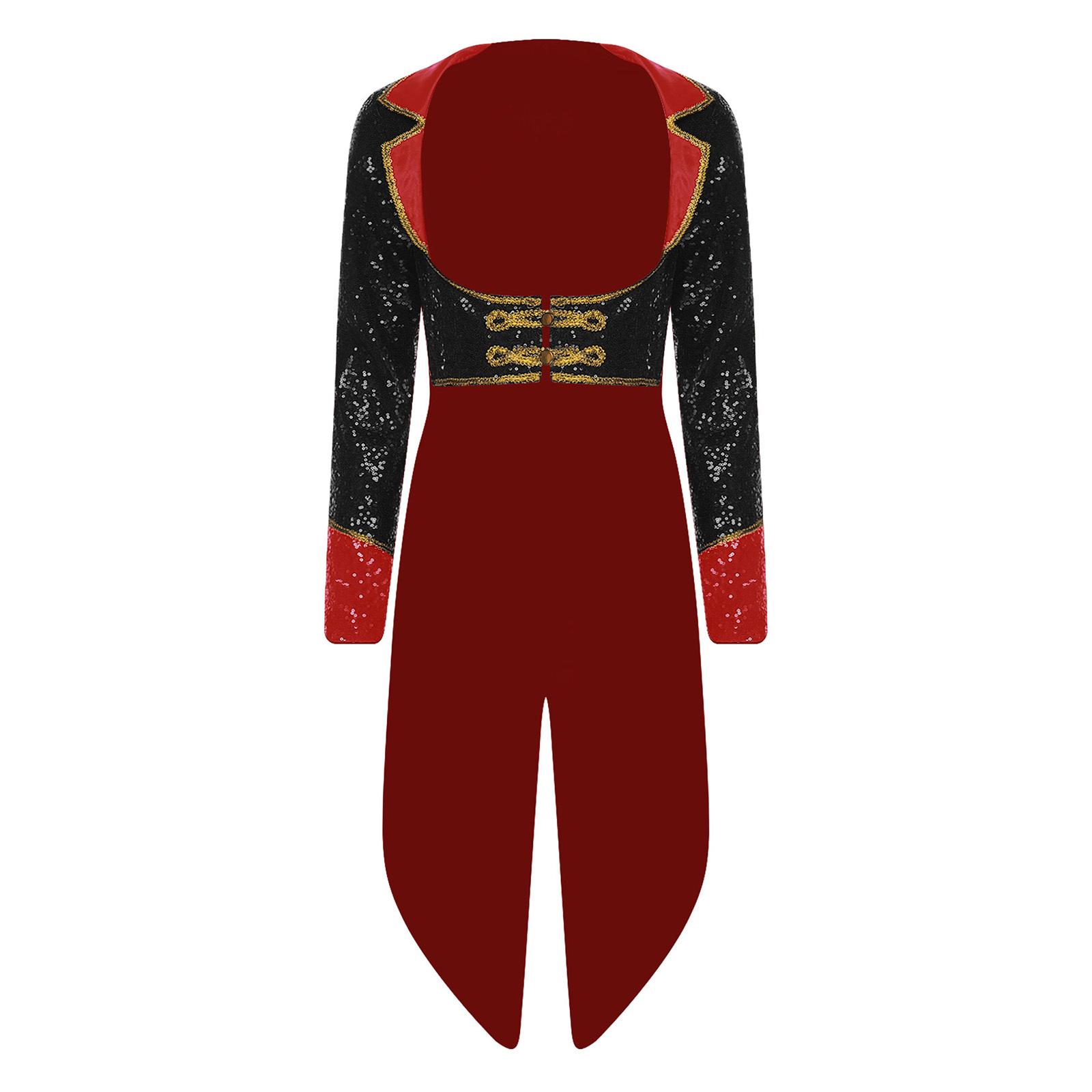

Women Adult Ringmaster Circus Costume Shiny Sequins Gold Webbing Trim Turn Down Collar Long Sleeve Buttons Tailcoat S чорний