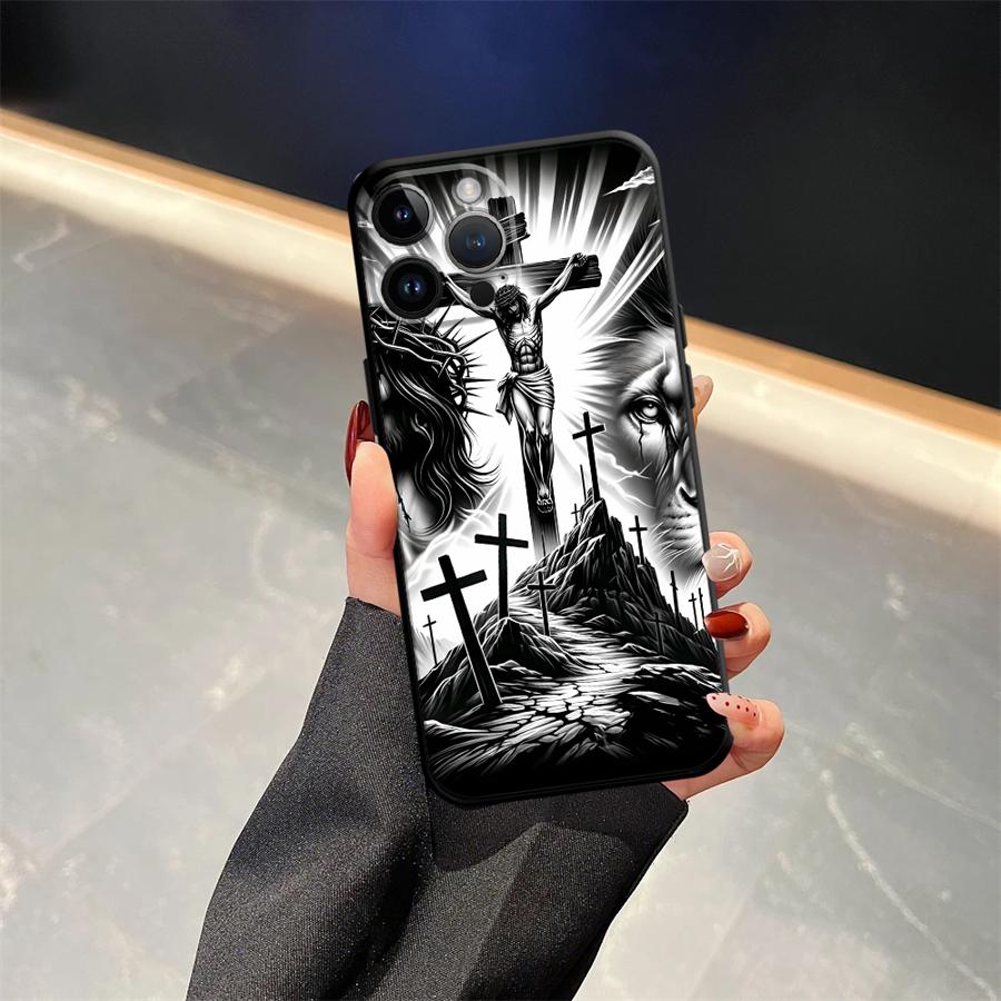 The Cross Jesus Pattern Black Soft Phone Cover Case for iPhone 13 12 11 17 Pro Max XS Max 7 8 15 16 14 Plus 17Air XR