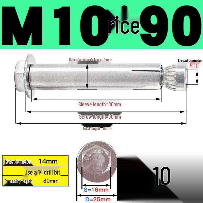 Stainless Steel Expansion Screw: Hexagonal Head with Internal Expansion (304/201), Sizes M6, M8, M10, M12.
