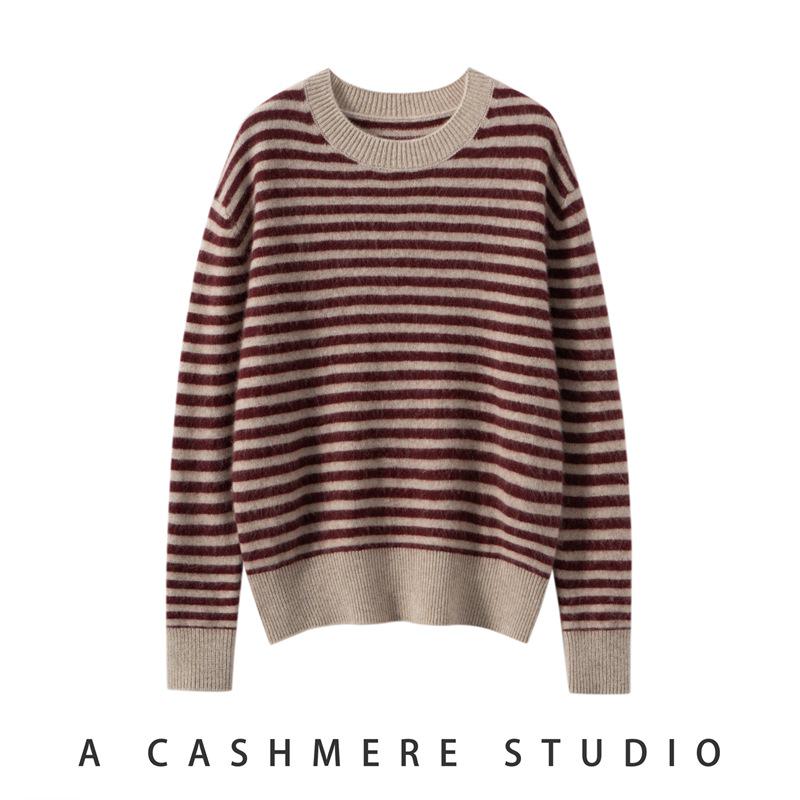 Women's Striped Cashmere Sweater - 2025 Autumn/Winter, Half-High Neck, Sweet Style, Loose Slimming Pullover