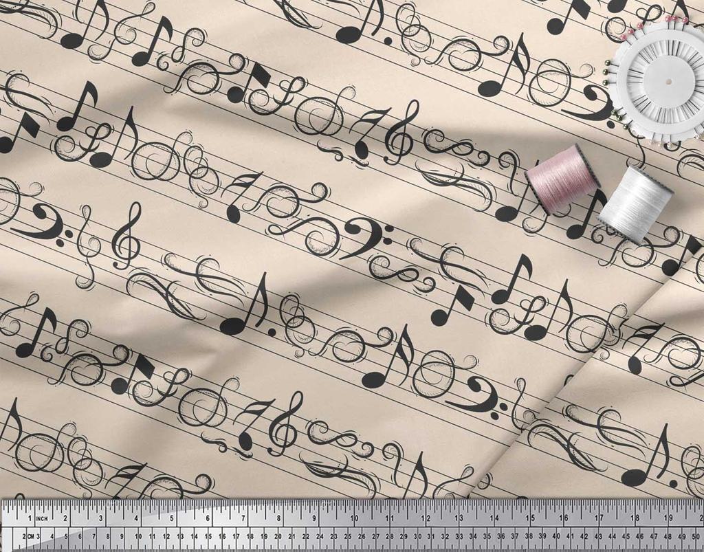 Soimoi White Japan Crepe Satin Fabric Notes Musical Instrument Printed Fabric 1 metre 42 Inch