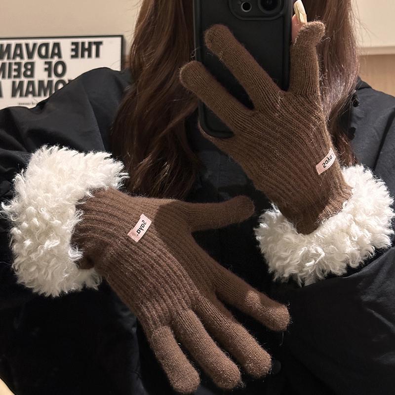 Gants tricotés à écran tactile tendance pour femmes, gants d'hiver chauds à bords en peluche, mitaines de cyclisme de sport coupe-vent, gants en peluche épais et doux au poignet