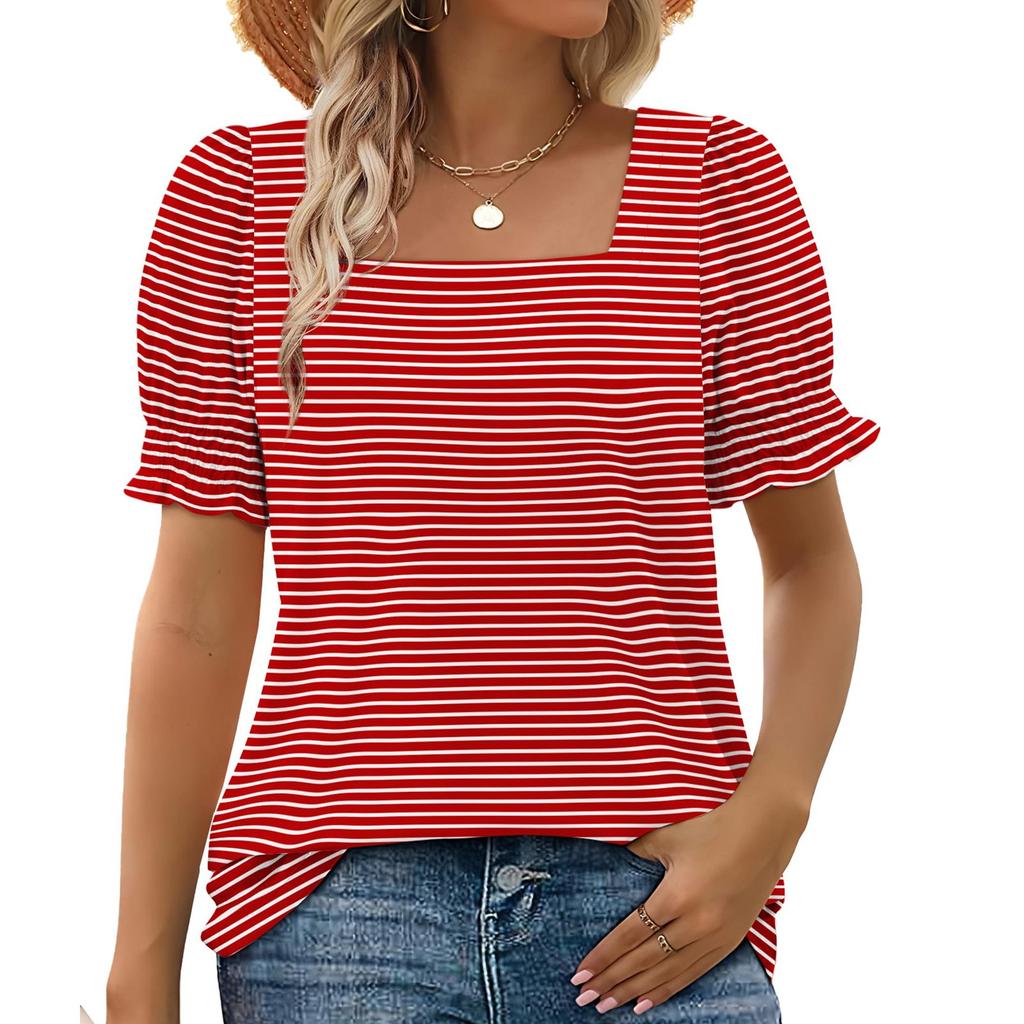 Women's Fashion Square Neck T-Shirt With Petal Sleeves, Short-Sleeved Striped Top