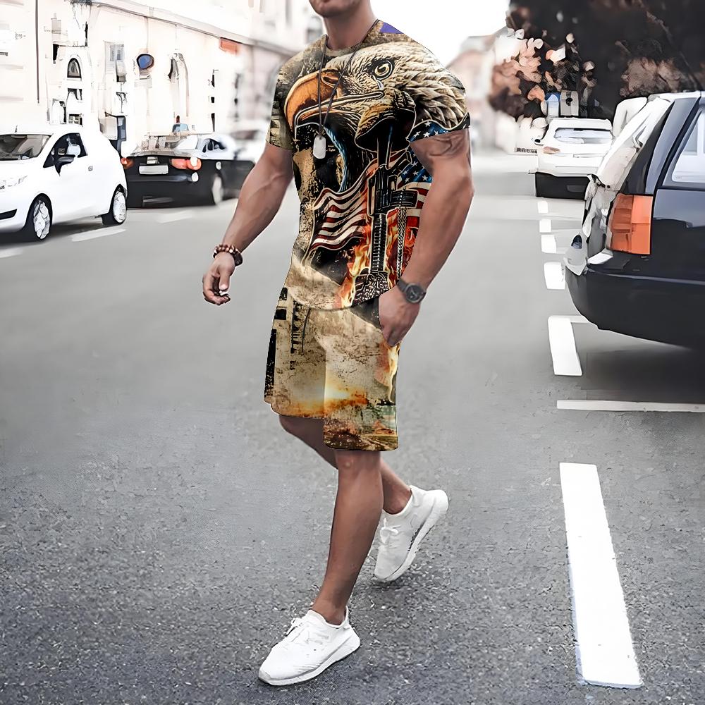 American Flag Print Short Sleeve Tee Shorts Set Casual Men's T-shirt Shorts 2-piece Set Quick Drying Breathable Mesh T Shirt