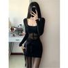 Fashionable and sexy spicy girl square-neck long-sleeve dress for women, new winter slimming inner layer, mesh hip-hugging short skirt