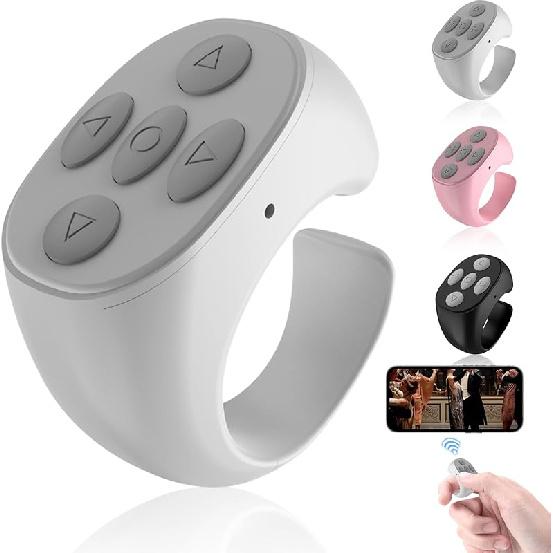 Беспроводной Bluetooth-пульт дистанционного управления, Новый пульт дистанционного управления 2025 года, Кольцо-скроллер Bluetooth для перелистывания страниц, Автоматически перезаряжаемое кольцо-скроллер Bluetooth(черный) белый