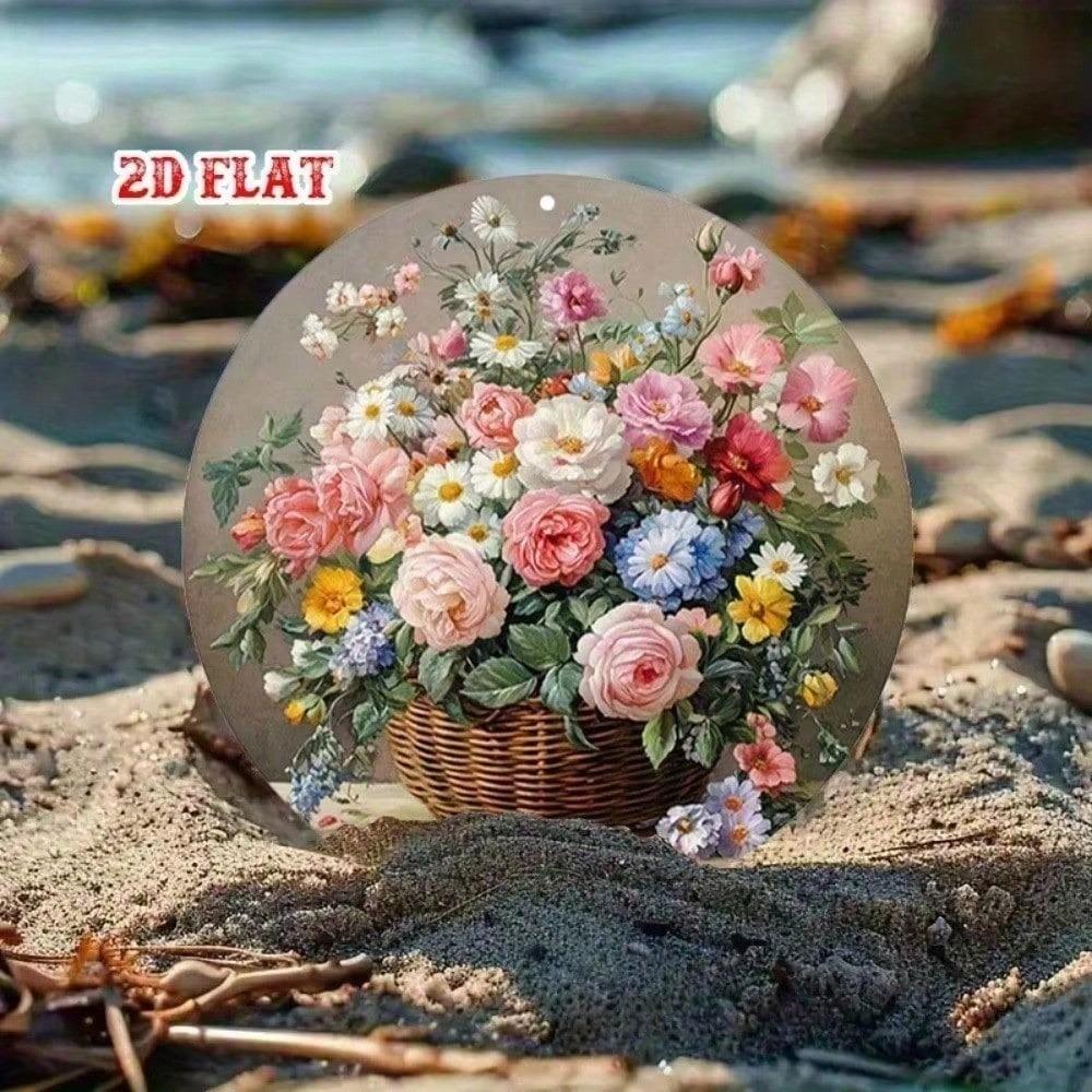 Vintage Round Metal Wall Art, 2D Aluminum Sculpture Floral Home Decor for Living Room