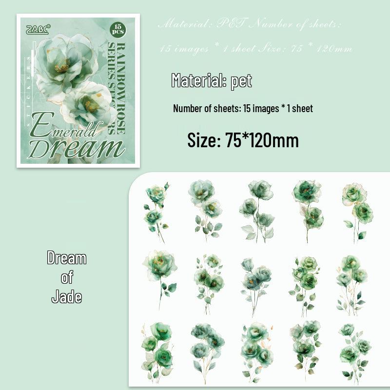 Yuezhen Rainbow Rose Large Journal Waterproof Vintage Floral PET Sticker Pack