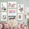 Paris City Pink Flower Peach Blossom Vintage Car Bike Wall Art Mural Canvas Painting Living Room Home Decor Poster Print Picture