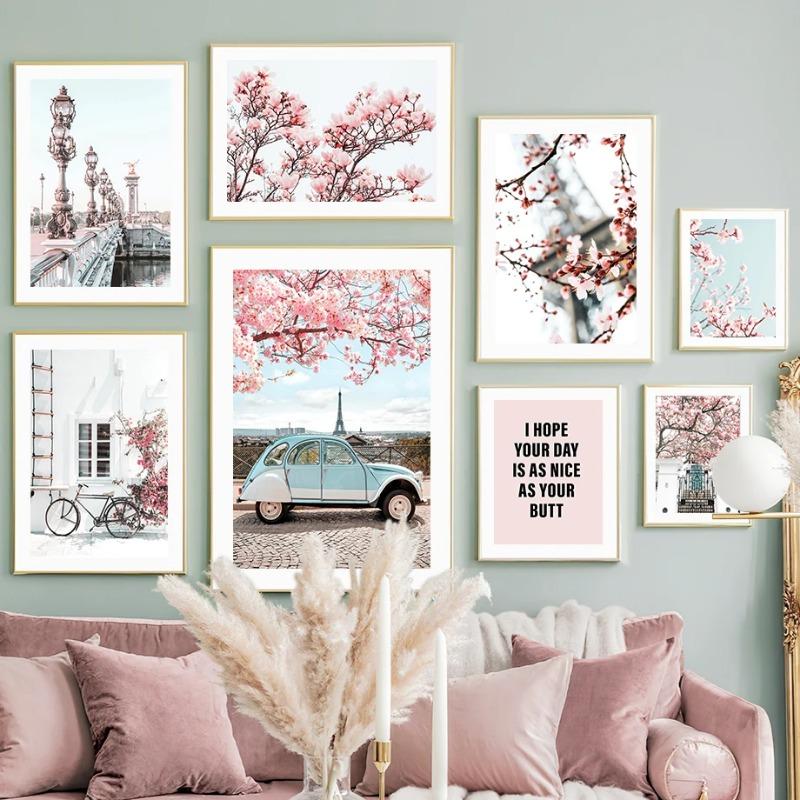 Paris City Pink Flower Peach Blossom Vintage Car Bike Wall Art Mural Canvas Painting Living Room Home Decor Poster Print Picture