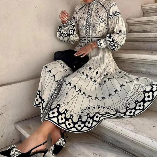 Yousheng Women's Long Sleeve Boho Midi Dress Loose Button Down A-Line Swing Dress Fall Casual Floral Print Beach Flowy Dress