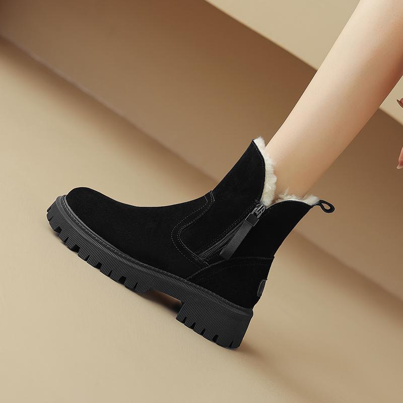 Fashion Warm 2025 Snow Boots Wool Genuine Leather Cow Suede Thick High Heels Zipper Ankle Boots Punk Short Platform Boots Shoes