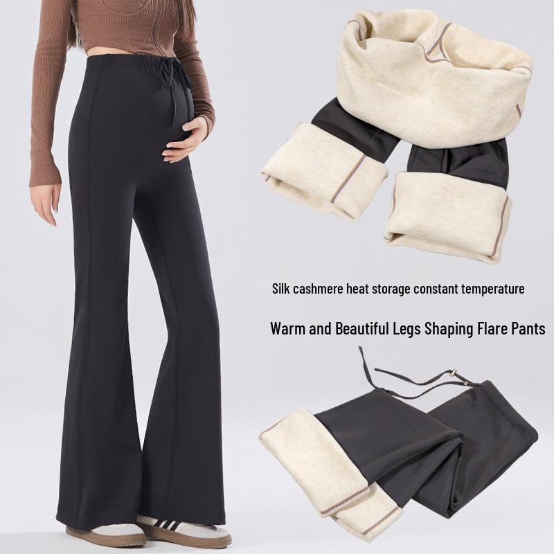Winter Fleece-Lined Maternity Flare Pants with Abdominal Support and High Waist Design