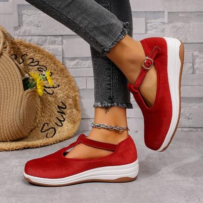 Frühling und Herbst Neue Große Größe Plateau Runde Spitze Flacher Riemen Bequeme Einzelne Schuhe Damen
