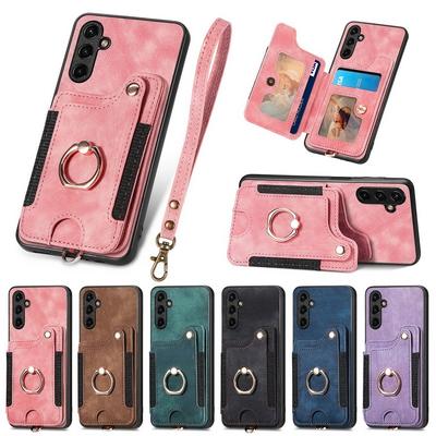Leather Magnetic Card Bag Case For iPhone 17 16 15 14 13 Xiaomi 13T Poco X5 Pro Ring Bracket Cover For Samsung S24 Ultra S23 A54 Google With Wristband