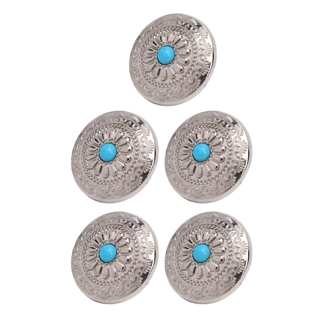 5 Sets Screw Back Button Silver Flower Blue Turquoise 30mm Round Shape Conchos with 4.5mm Screws for Leather Crafts