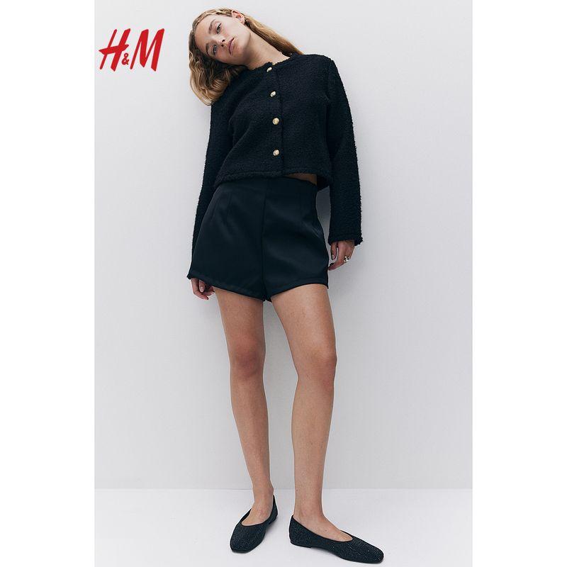 

Женская одежда HM 2024 Осень Новинка Кардиган из петельчатого бархата с круглым вырезом 1249941 Black 160/88(S)