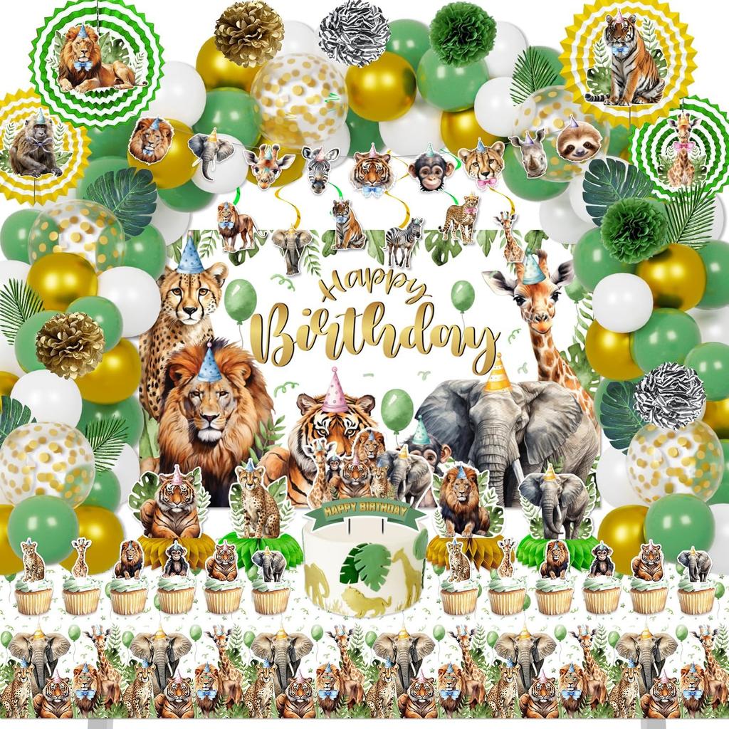 Mpanwen Safari Jungle Birthday Party Decorations, 125 Pcs Safari Zoo Animal Theme Party Supplies for Baby Boys - Backdrop, Cupcake Toppers, Palm