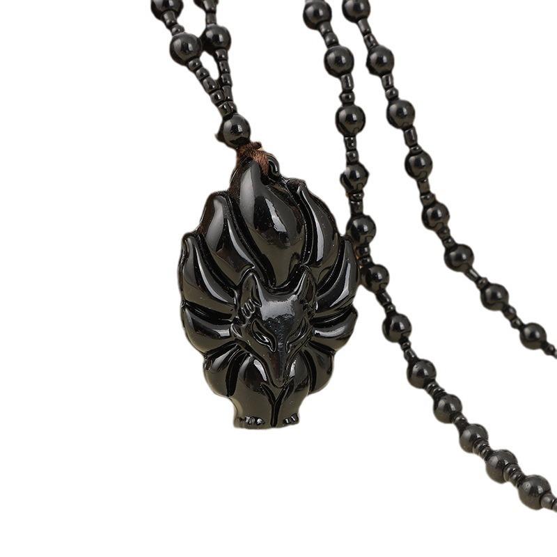 Medium Long Pink Crystal Nine-Tailed Fox Necklace with Green Chalcedony Jade Pendant