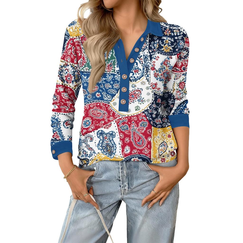 Women's Relaxed V,neck Long,sleeved Button,down Floral Pullover Top
