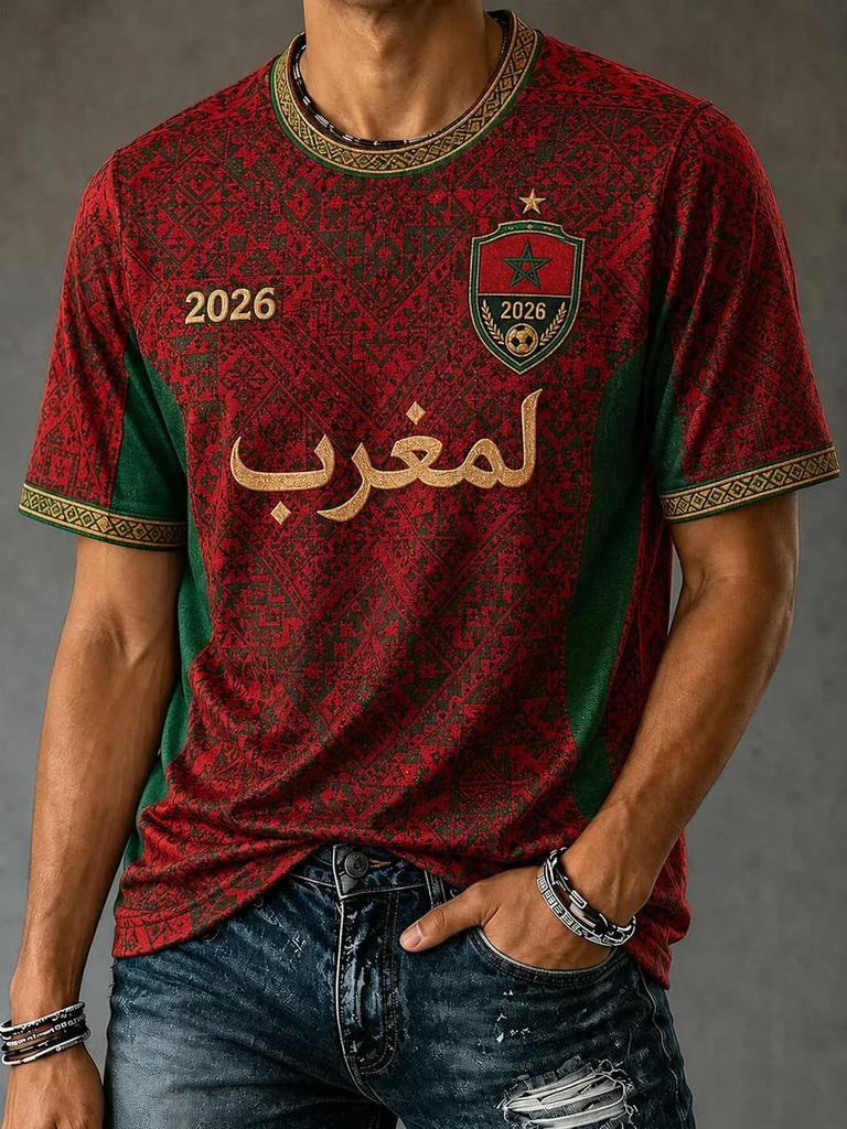 2026 Morocco National Team Red Football T-Shirt, Women's Men V-Neck Sportswear with Script & Star Motif  2026 New Colthing