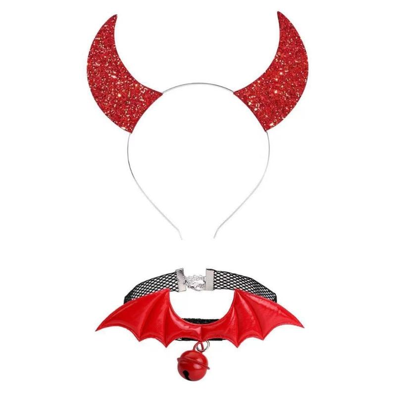 Gothic Dark Glitter Girls Choker Collar Rose Devil Wing Headband Set Gothic Bat Wing Versatile Choker