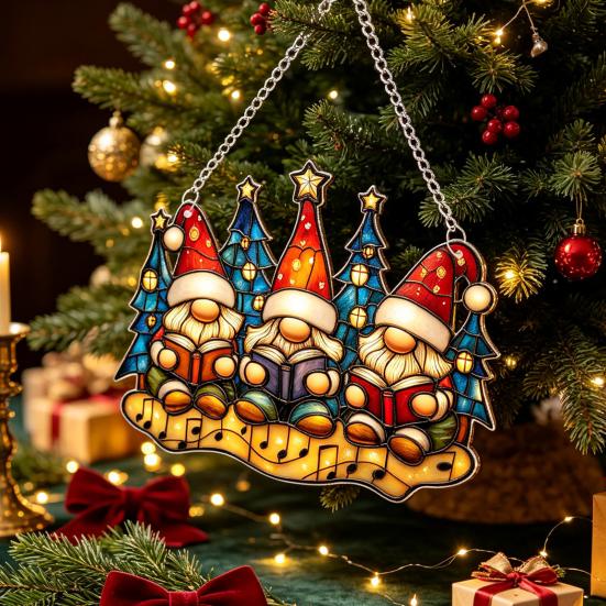 Xmas Tree Door Decorations Fairy & Gnome Christmas Acrylic Suncatcher, 2D Fantasy Elf Dwarf Window Hanging Unique Baubles Decor with Stained