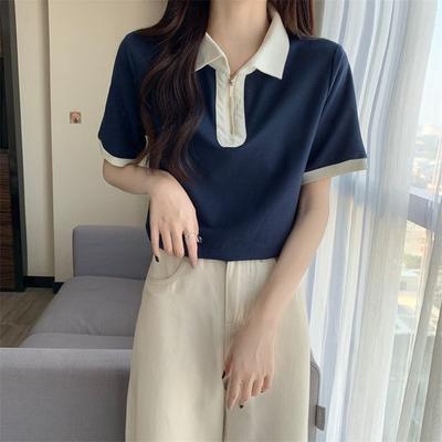 Women's Navy Blue Contrast Collar Half-Zip Polo Shirt Short Sleeve Slim Fit Casual Top