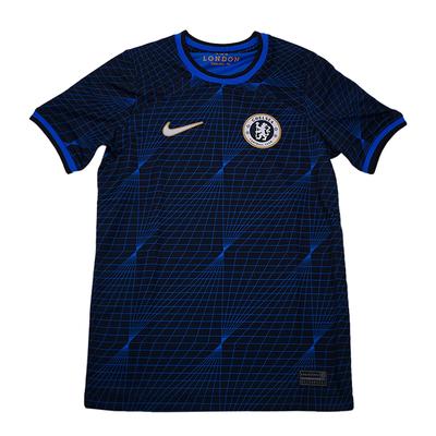Chelsea F.C. 2023/24 Stadium Away Logo All Over Print Crew Neck Casual Short Sleeve Kids Tops Blue Black DX2757-427