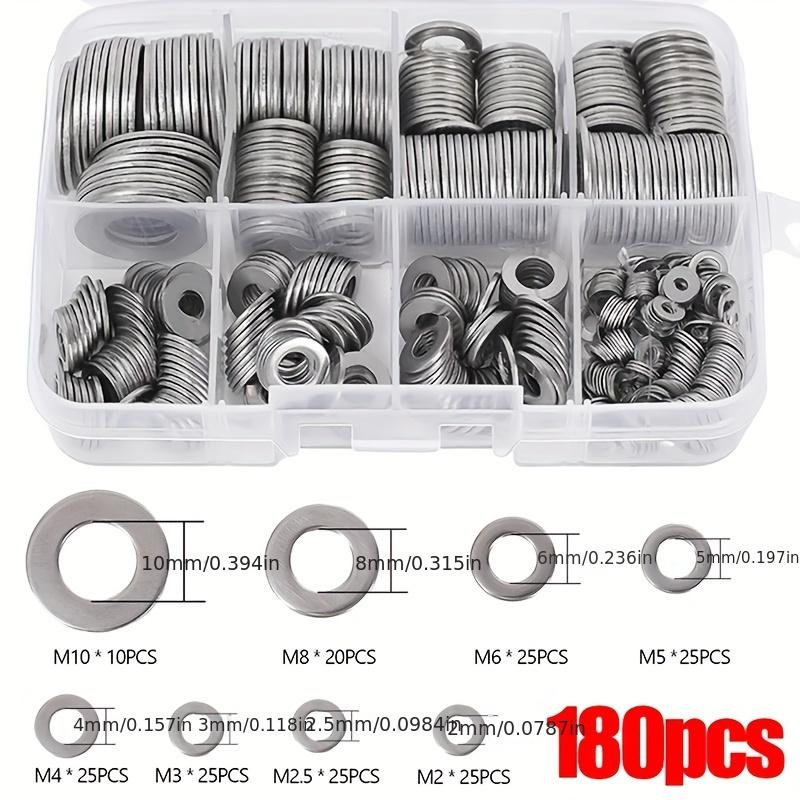 Polished Stainless Steel 180pcs Washers - O Ring Fasteners Gasket Set, M2-M10 Sizes, Durable Material, for DIY Projects / Machinery / Electronics