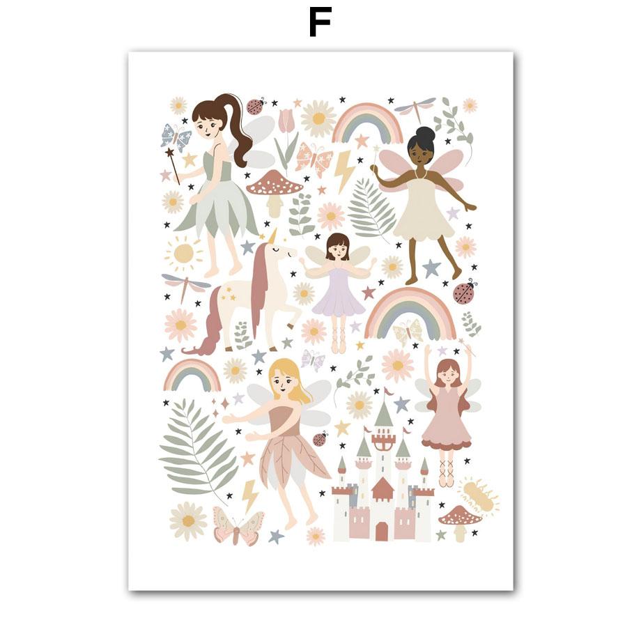 Cute Girl Unicorn Castle Sun Rainbow Flowers Wall Art Canvas Painting Nursery Posters And Prints Pictures Baby Kids Room Decor