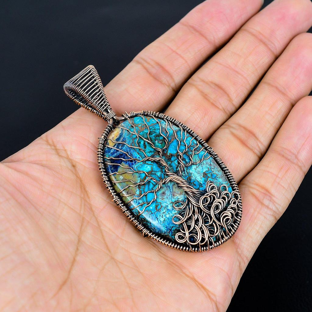 Azurite Malachite Pendant, 999 Copper Wire Wrapped Gemstone Jewelry, Handmade Tree Of Life Pendant, For Thanksgiving