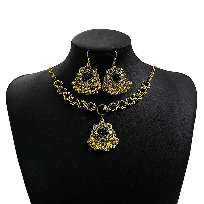 European, American Bohemian Diamond Pearl Earrings, Ethnic Style Turquoise Fringed Necklace Flower Jewelry Set Women