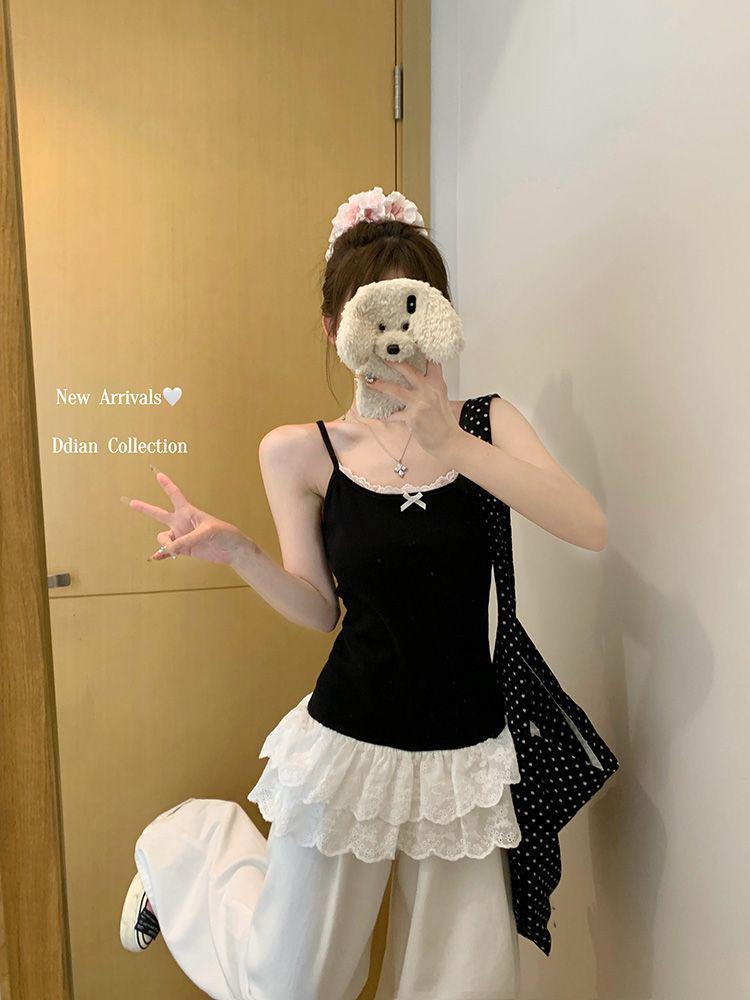 Women's White Bow Spaghetti Strap Ballet Tank Top with Lace Ruffle Hem