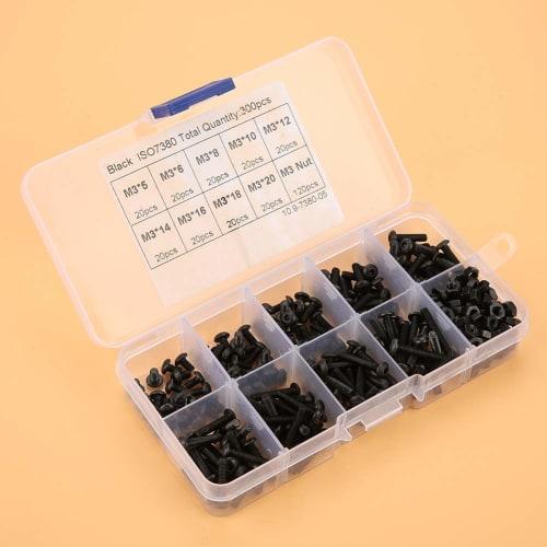 300-Piece Hex Socket Button Head Bolt Set, M3 Universal Size, 9 Lengths, Hex Screws, Button Head Bolts and Nuts, Alloy Steel, Repair Tool, Carbon Stee