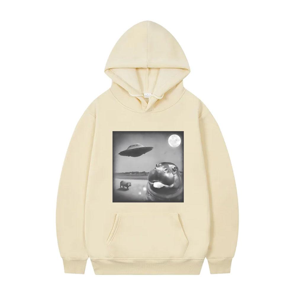 Moo Deng UFO Funny Meme Hoodie Humor Baby Hippo Sweatshirt Men Women Oversized Pullover Hoodies Men's Fleece Cotton Sportswear