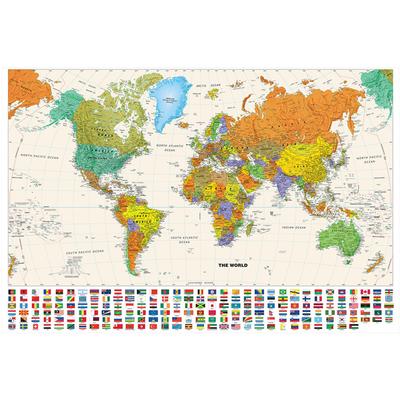 Mapa světa s národními vlajkami, Nerámovaná mapa světa, Politicko-geografická nástěnná dekorace, Vzdělávací mapa, Plakáty, Tisky, Závěsné umění, Pozadí z látky