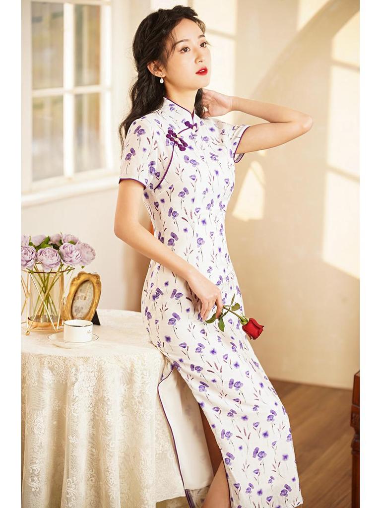 2024 Spring/Summer Elegant Retro Double-Layer Silk & Linen Short-Sleeve Cheongsam Dress