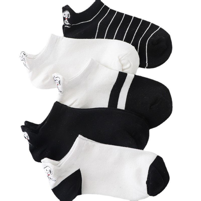 Women's Black & White Cartoon Embroidered Ankle Socks - Summer Thin Shallow Mouth Korean Style