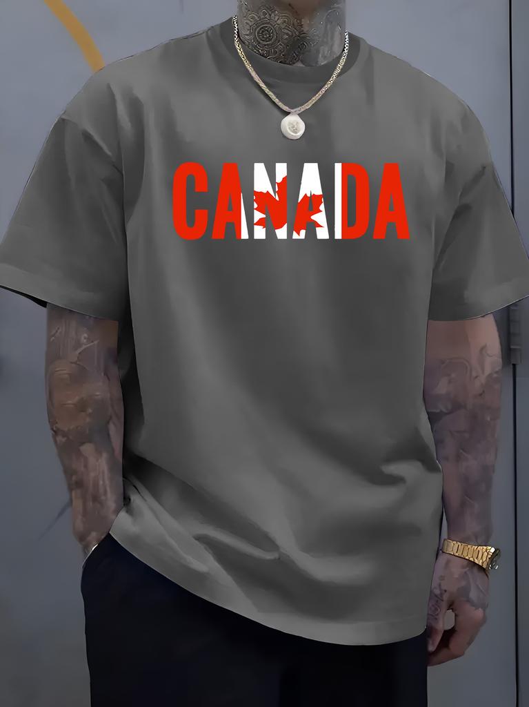 New Unisex Black Crew Neck Tee Bold Canada Letter with Red Maple Leaf Flag Graphic Patriotic Country Pride Soft Cotton Male Tops