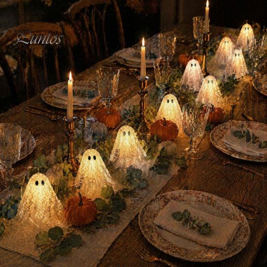 Cute Ghost Ornaments for Bedroom 6.6FT Halloween Light Up Garland, Lace LED Fairy String Light, Warm White Lights Home Spooky Hanging Bunting