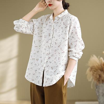 Spring Floral Long Sleeved Shirt for Women Loose Slimming Retro Artistic Shirt Blouses & Shirts