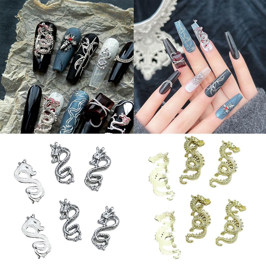 6pcs Metal Alloy 3D Snake Dragon Nail Charms Glitter Decorations for DIY Manicure Easy To Apply and Remove