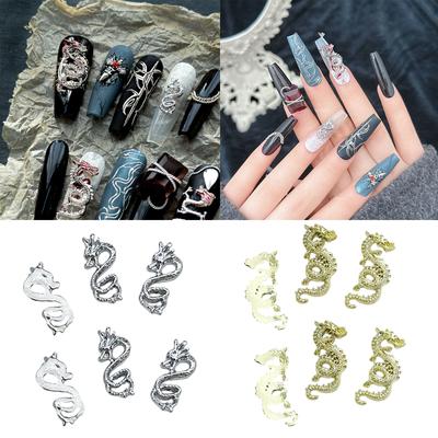 6 Stück Nagel-Charms aus Metalllegierung, 3D-Schlangen- und Drachen-Design, Glitzer-Dekorationen für die DIY-Maniküre, einfach anzubringen und zu entfernen.