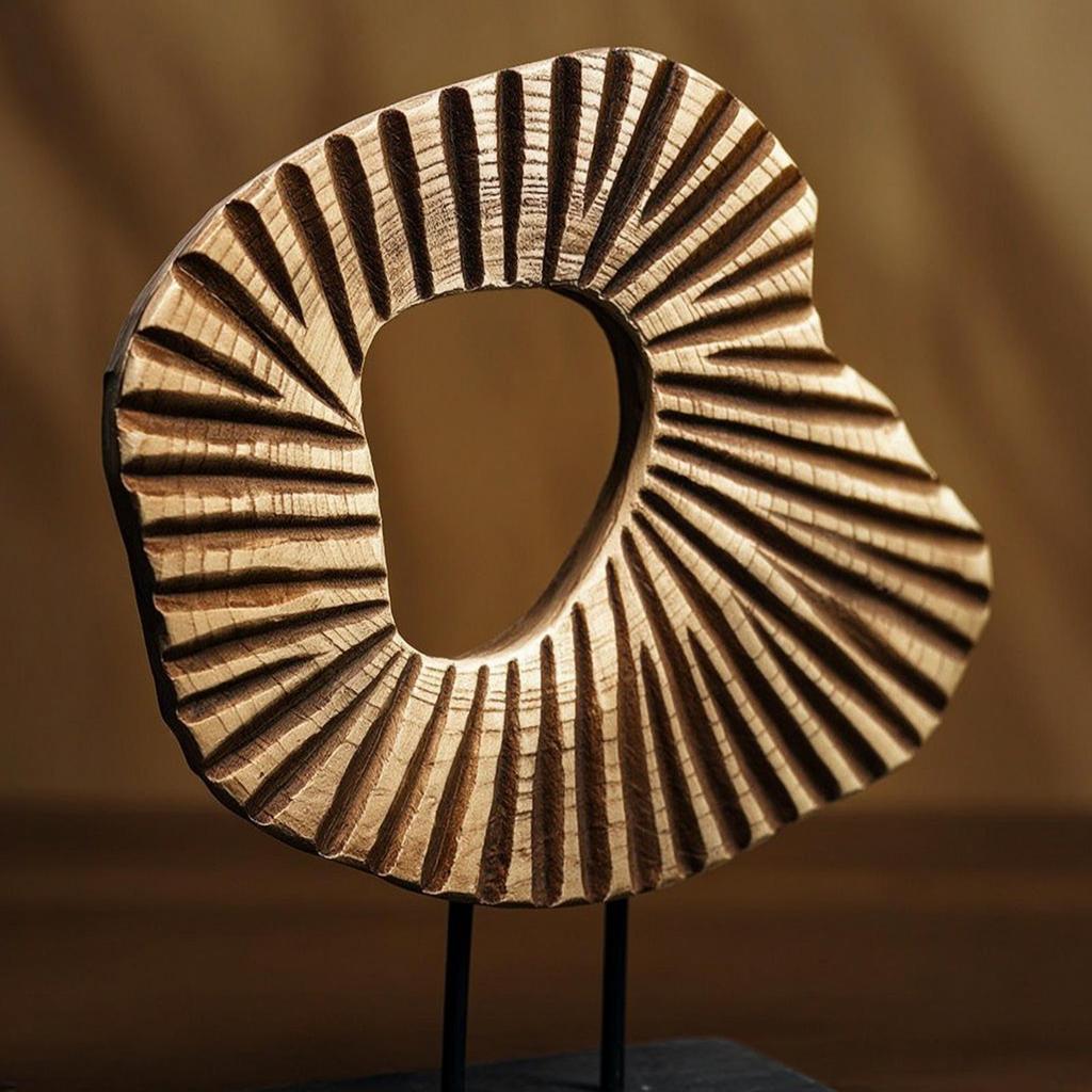 Resin Circular Form Sculpture WoodLook Abstract with Base Carved Statue Ebony