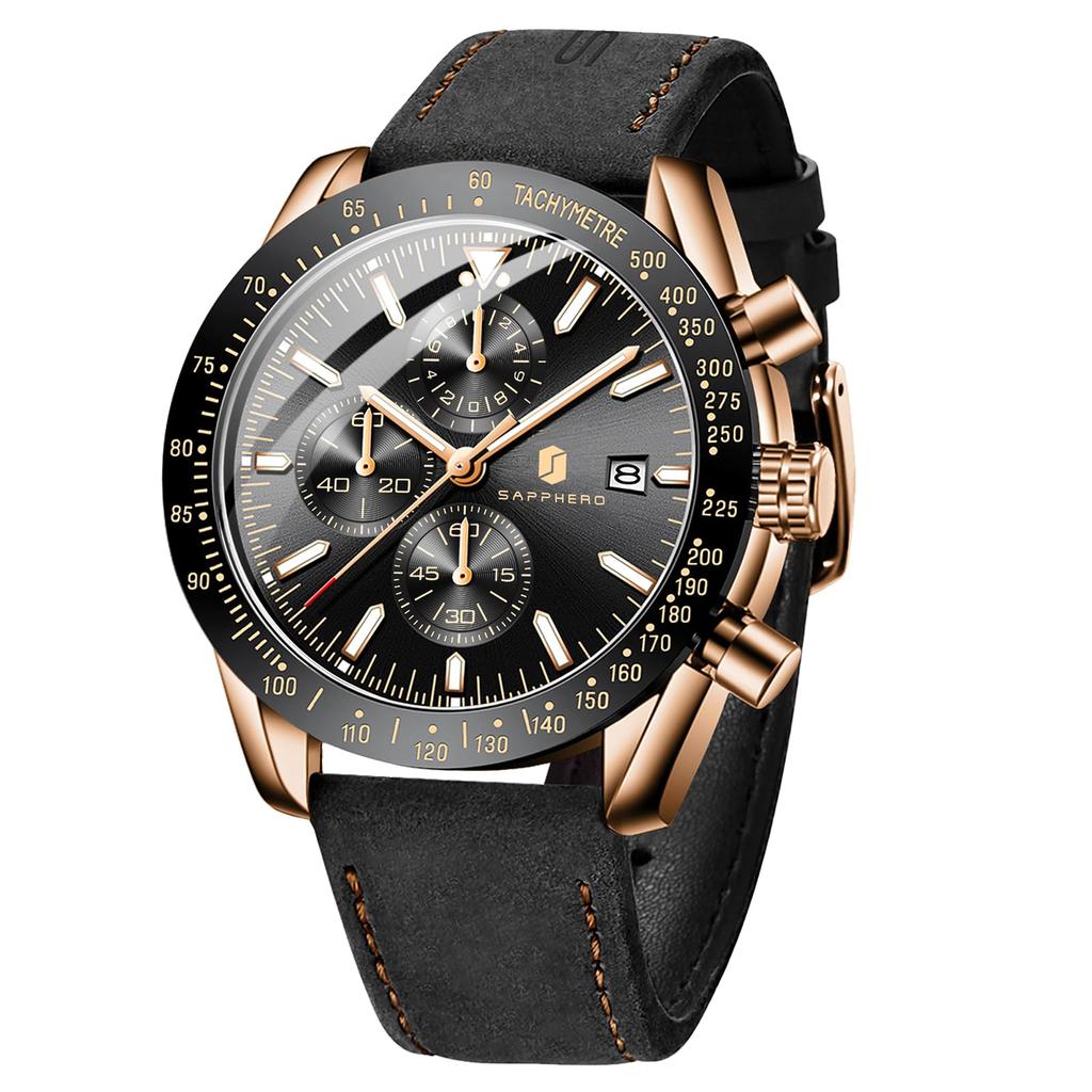 BY BENYAR Watch Chronograph Analog Watch 50M Water Resistant Business Simple Stylish Popular Formal Leather Strap Quartz Watch Gift for Men Black