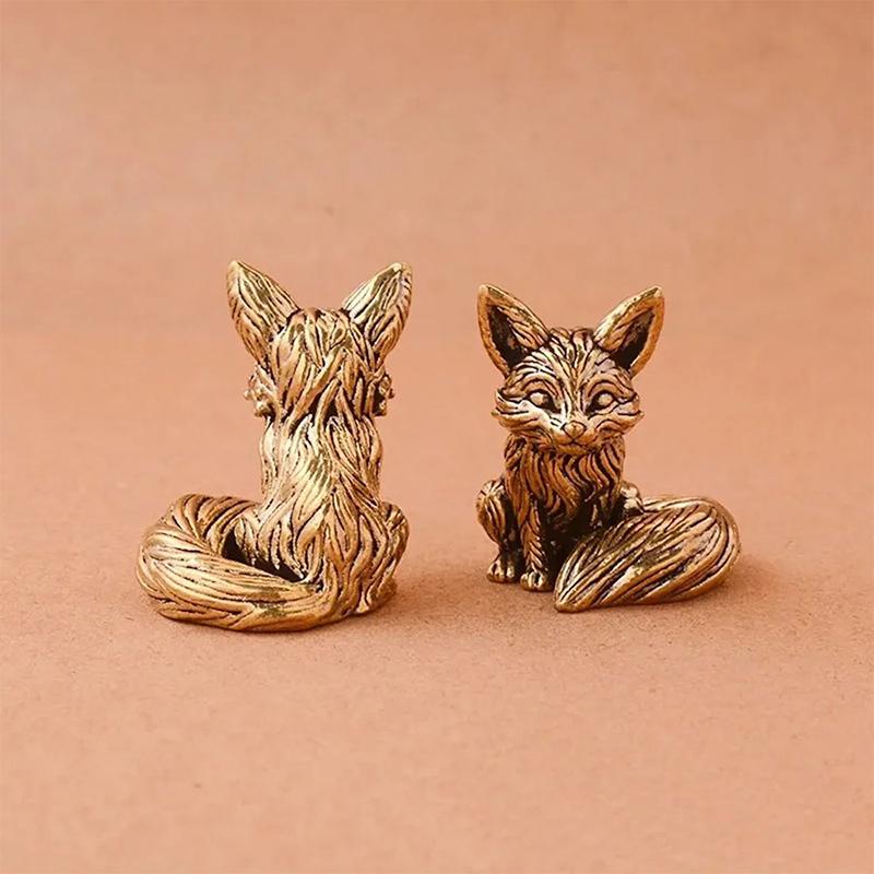 Brass Fox Statue Cute Fox Miniature Figurines Desk Ornament Decoration Accessories Copper Animal Sculpture Home Decor Crafts