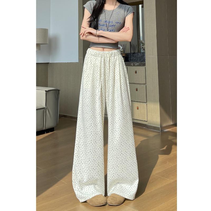 Korean Style High Waist Wide Leg Pants Fashion Floral Print Lazy Style Slimming Long Trousers Versatile Casual Pants for Women S абрикосовый